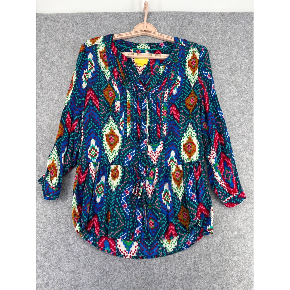 Maeve Anthropologie Ikat Diamond Peplum Button Down Blouse Multicolor Size 2